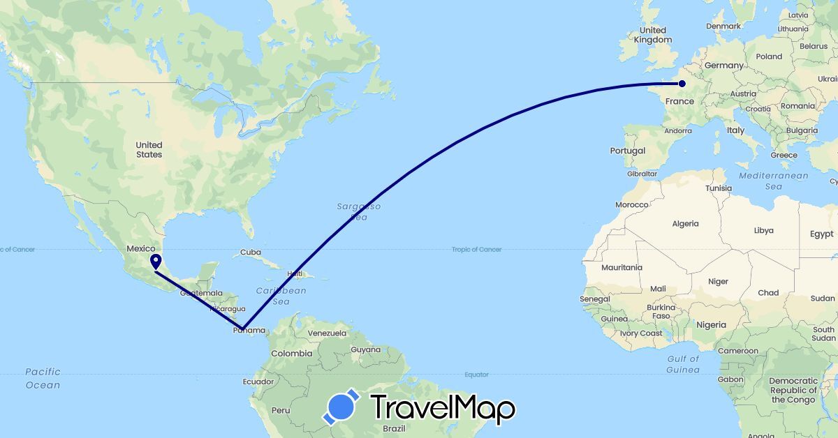 TravelMap itinerary: driving in France, Mexico, Panama (Europe, North America)